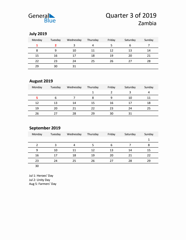 2019 Three-Month Calendar for Zambia