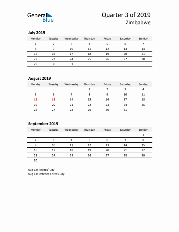 2019 Three-Month Calendar for Zimbabwe