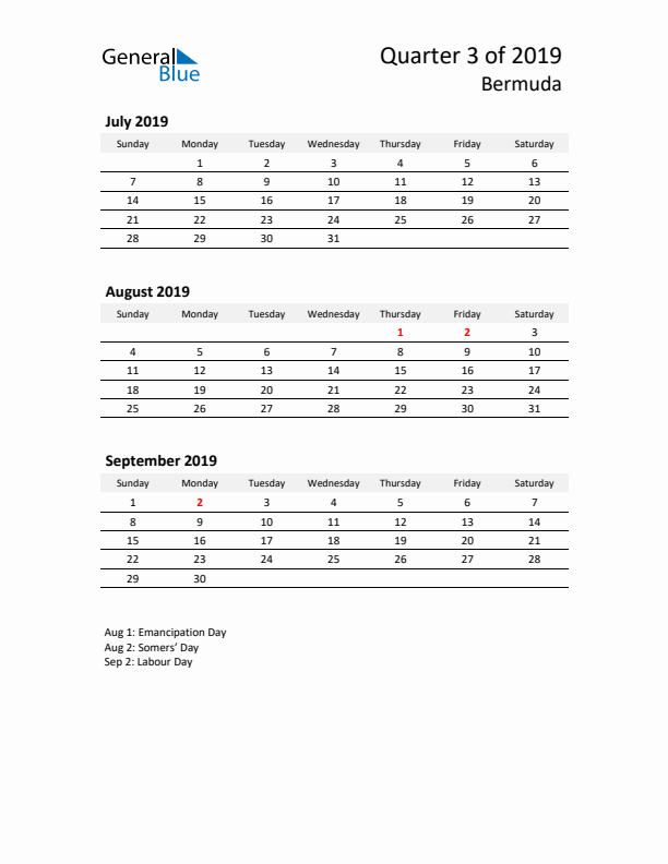 2019 Three-Month Calendar for Bermuda