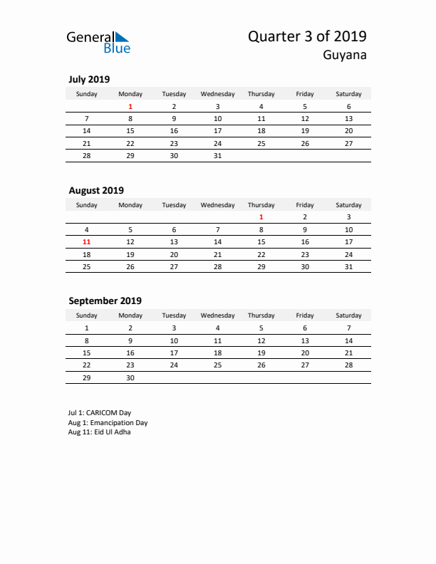 2019 Three-Month Calendar for Guyana