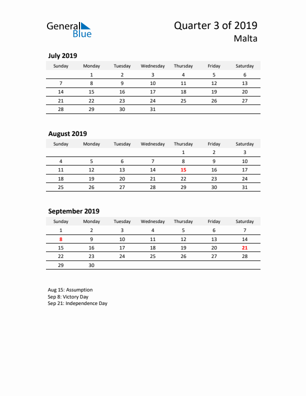 2019 Three-Month Calendar for Malta
