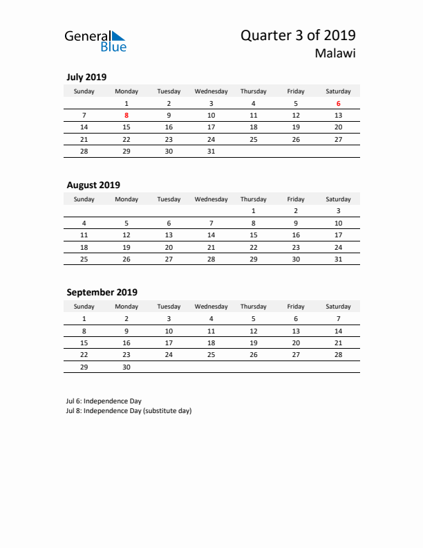 2019 Three-Month Calendar for Malawi