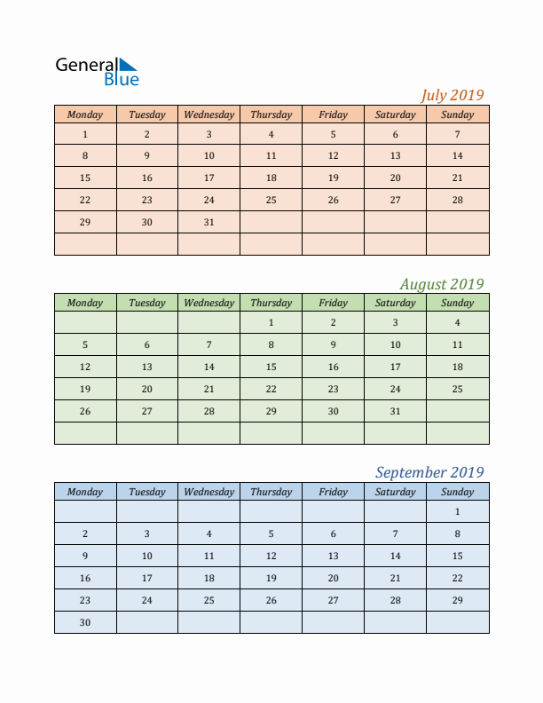 Three-Month Calendar for Year 2019 (July, August, and September)