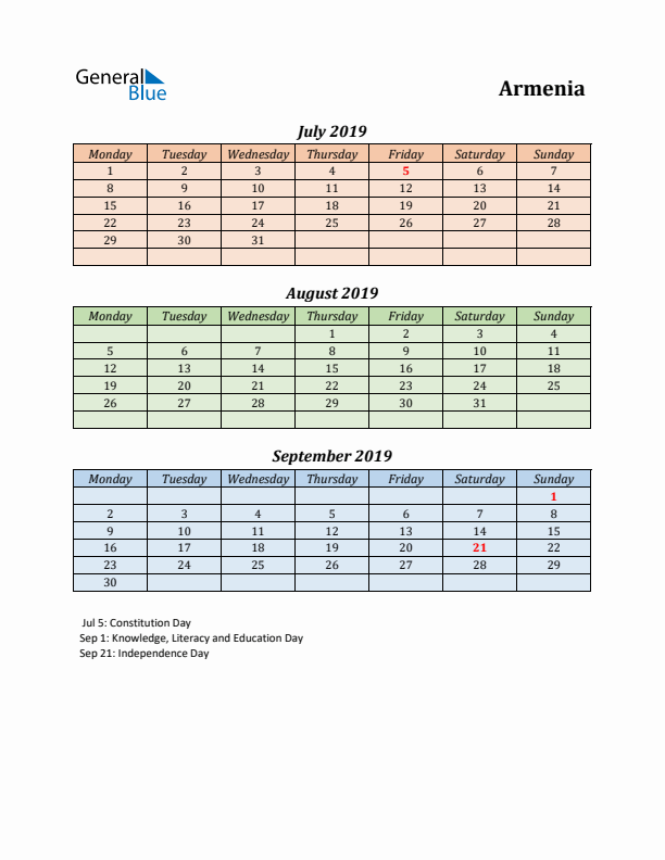 Q3 2019 Holiday Calendar - Armenia