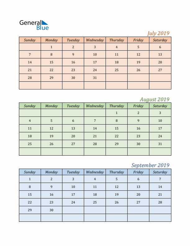 Three-Month Calendar for Year 2019 (July, August, and September)