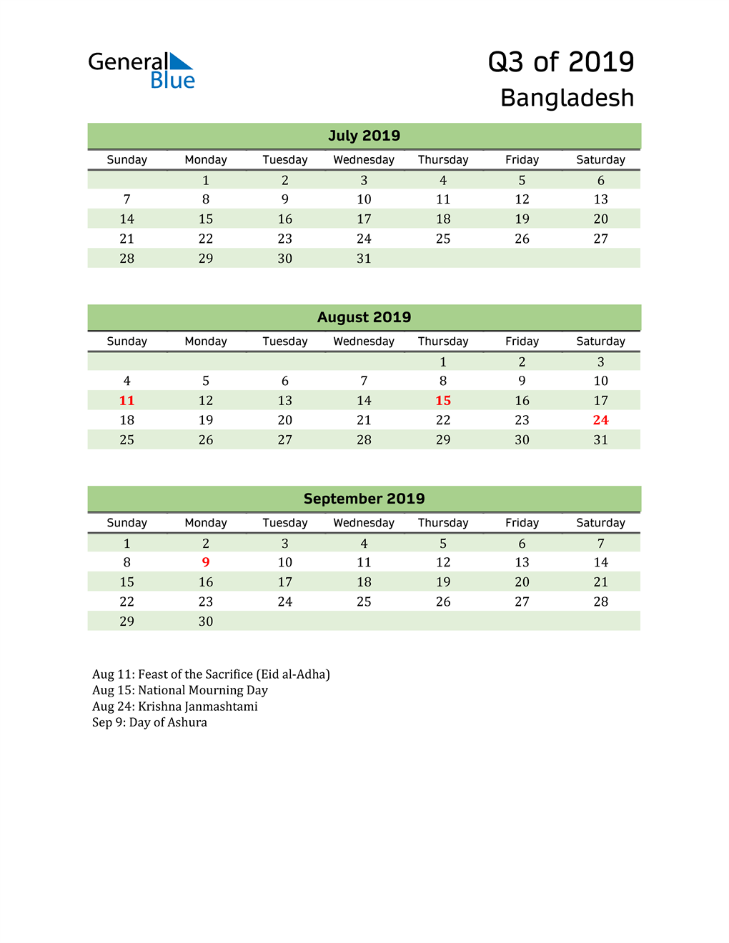  Quarterly Calendar 2019 with Bangladesh Holidays 