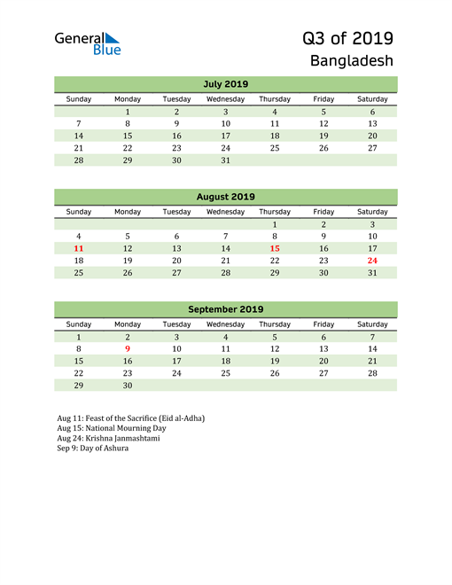 Quarterly Calendar 2019 with Bangladesh Holidays 