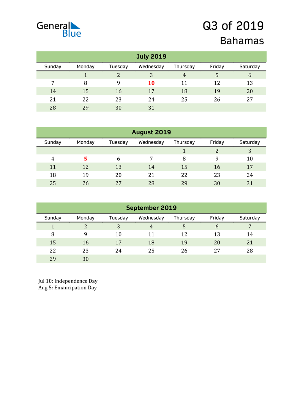  Quarterly Calendar 2019 with Bahamas Holidays 