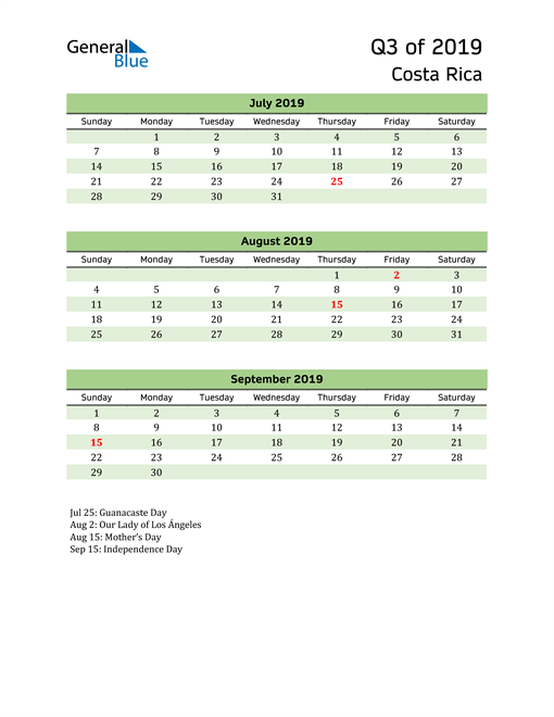  Quarterly Calendar 2019 with Costa Rica Holidays 