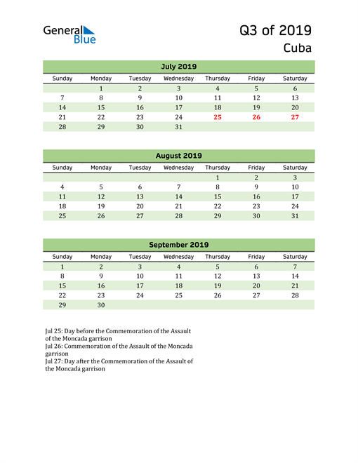  Quarterly Calendar 2019 with Cuba Holidays 
