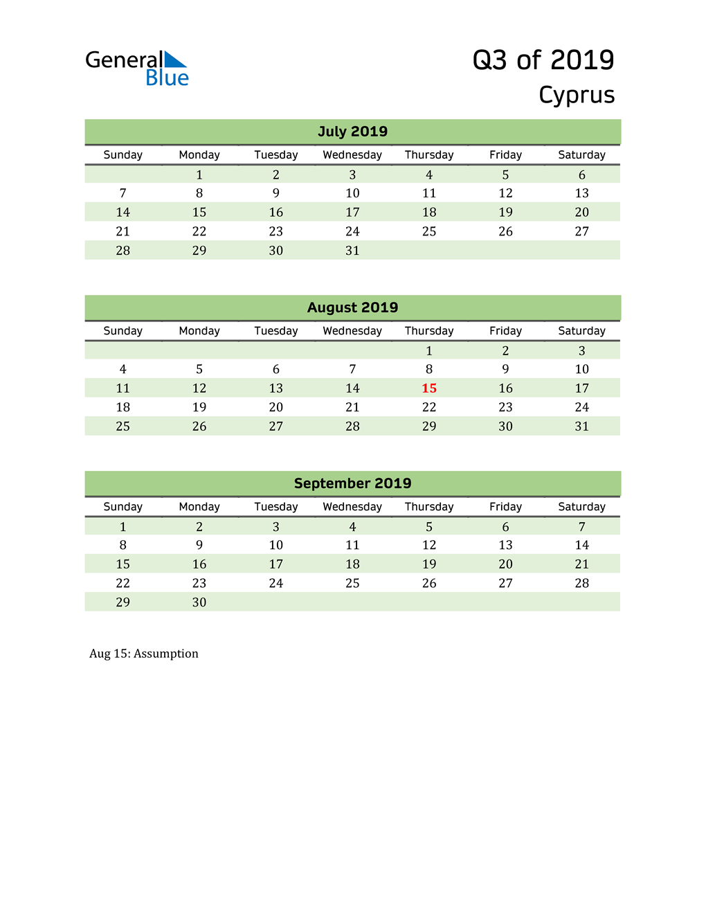  Quarterly Calendar 2019 with Cyprus Holidays 