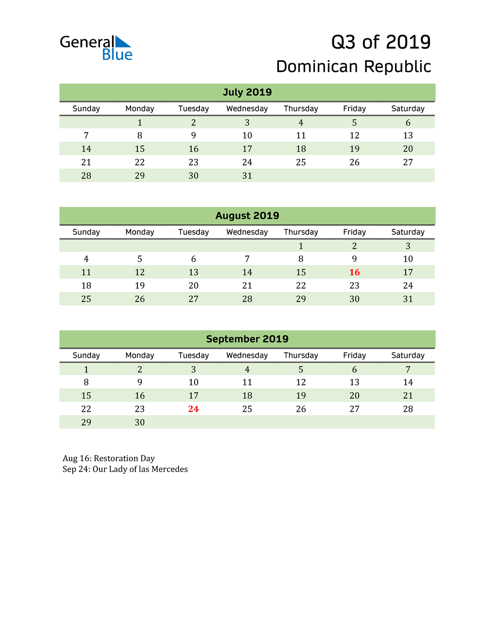  Quarterly Calendar 2019 with Dominican Republic Holidays 