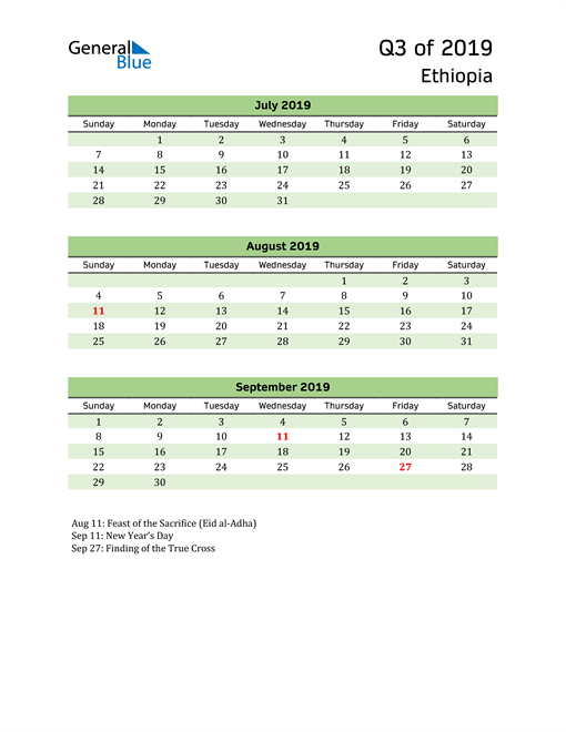  Quarterly Calendar 2019 with Ethiopia Holidays 