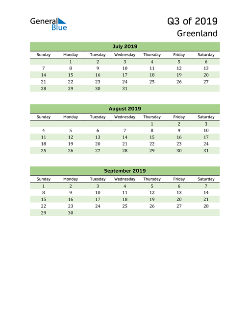  Quarterly Calendar 2019 with Greenland Holidays 
