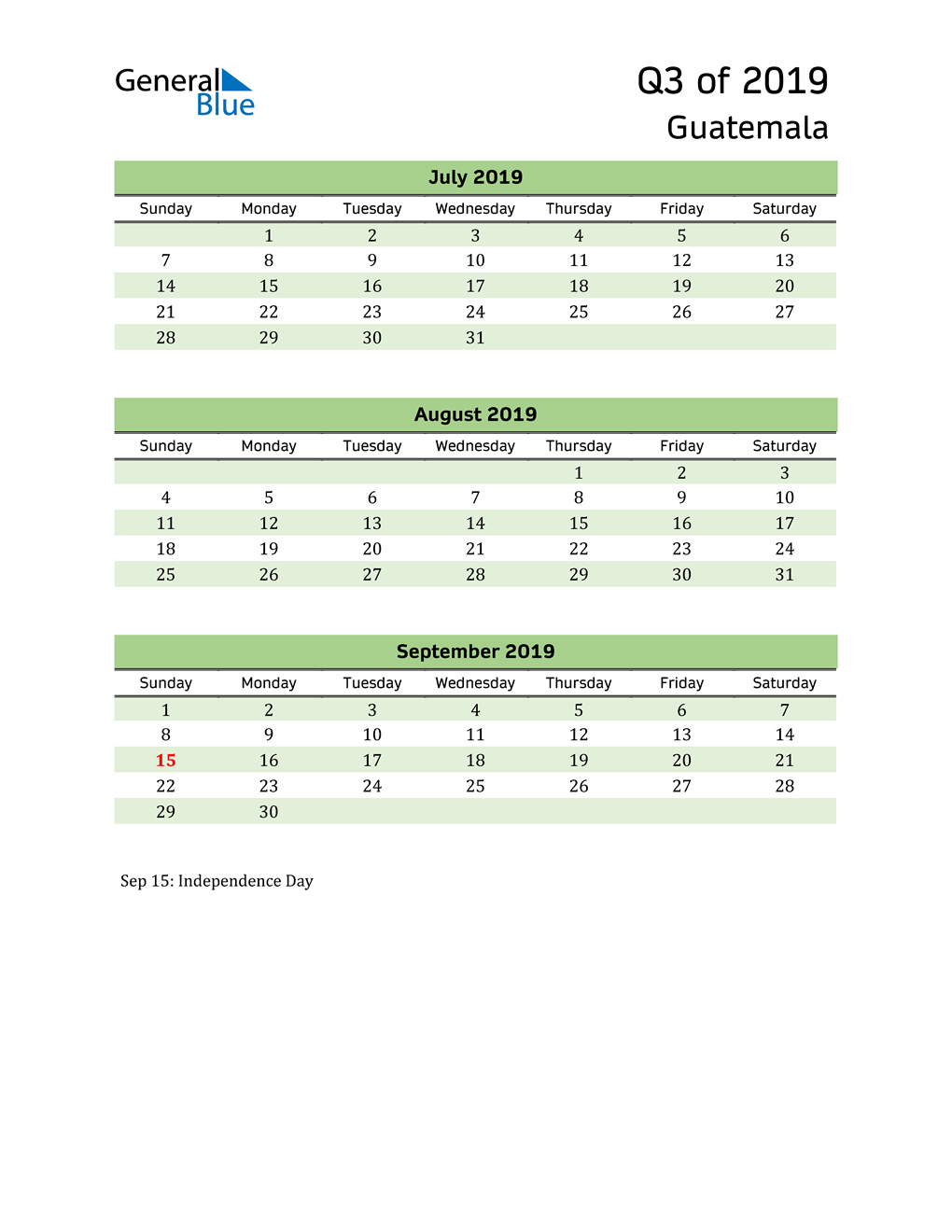 Quarterly Calendar 2019 with Guatemala Holidays 