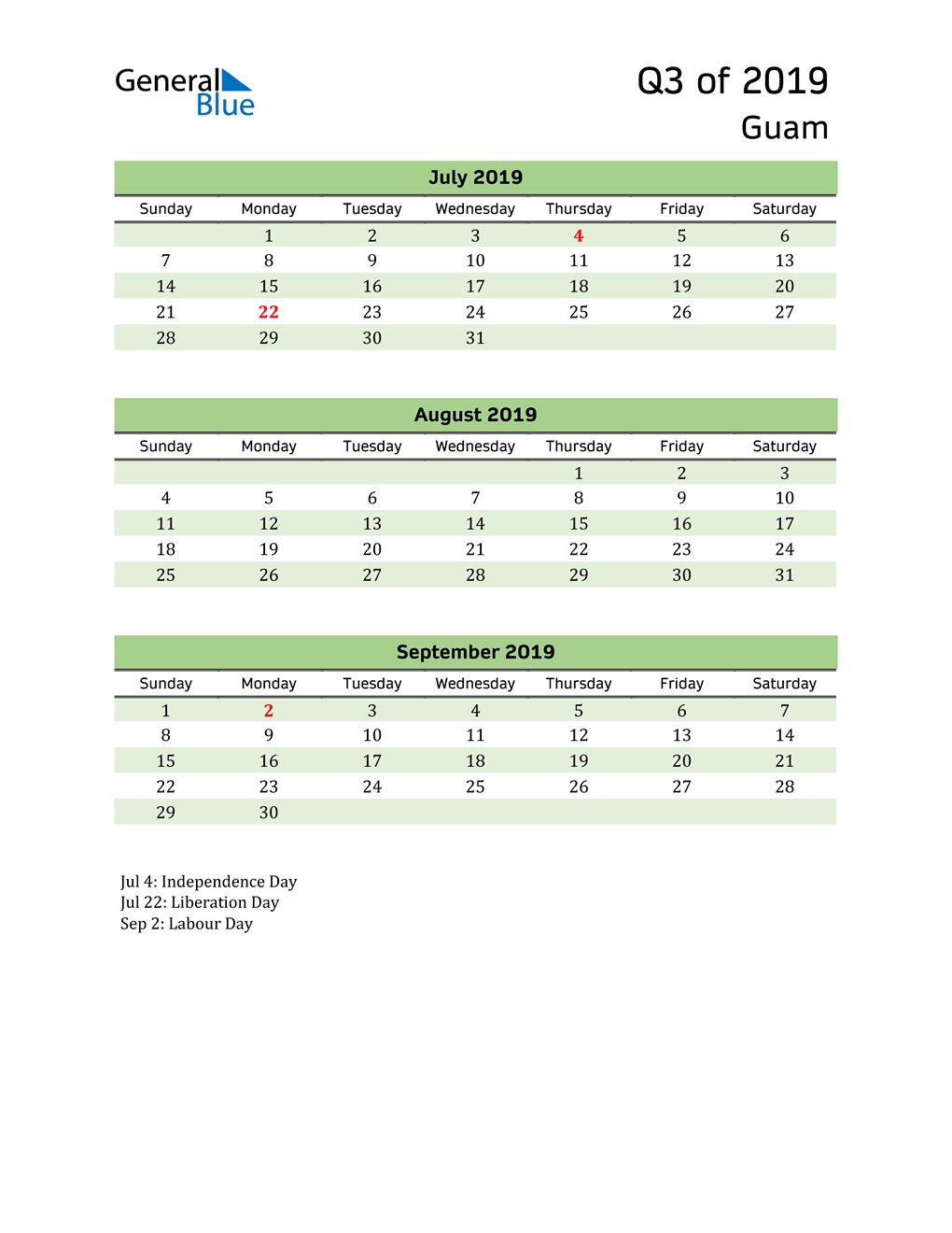  Quarterly Calendar 2019 with Guam Holidays 