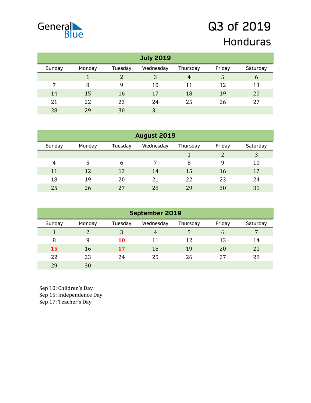  Quarterly Calendar 2019 with Honduras Holidays 