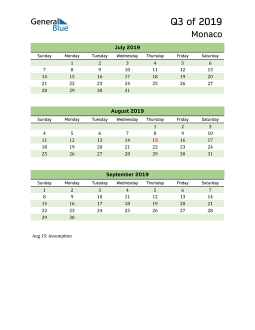 Quarterly Calendar 2019 with Monaco Holidays 