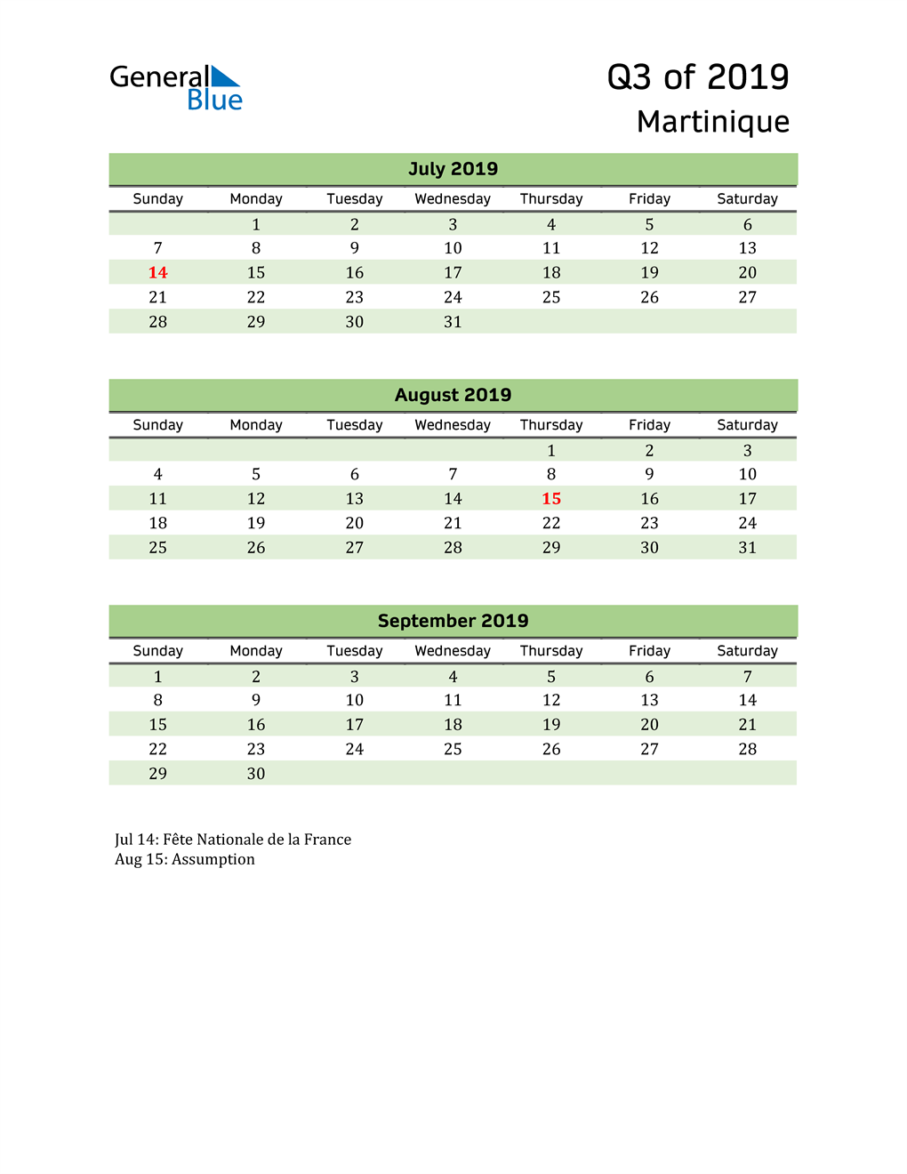  Quarterly Calendar 2019 with Martinique Holidays 