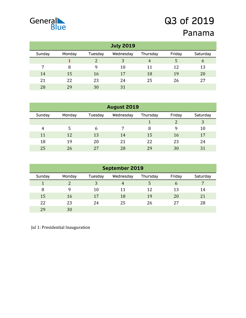  Quarterly Calendar 2019 with Panama Holidays 