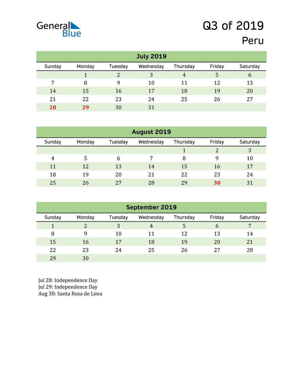  Quarterly Calendar 2019 with Peru Holidays 