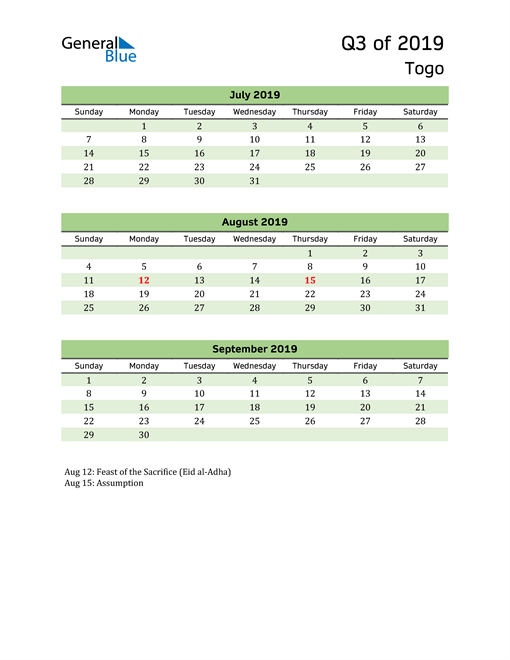  Quarterly Calendar 2019 with Togo Holidays 