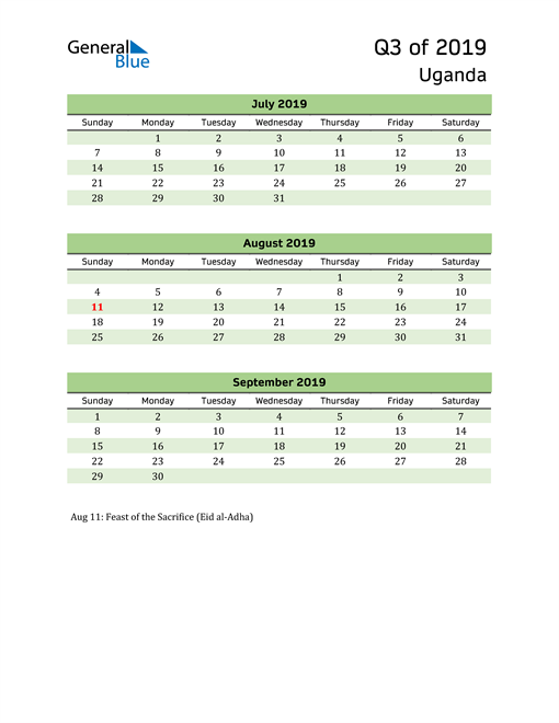  Quarterly Calendar 2019 with Uganda Holidays 