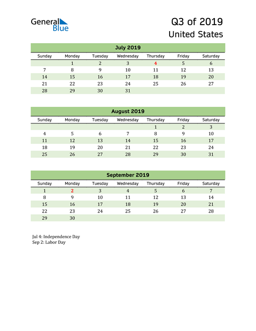  Quarterly Calendar 2019 with United States Holidays 