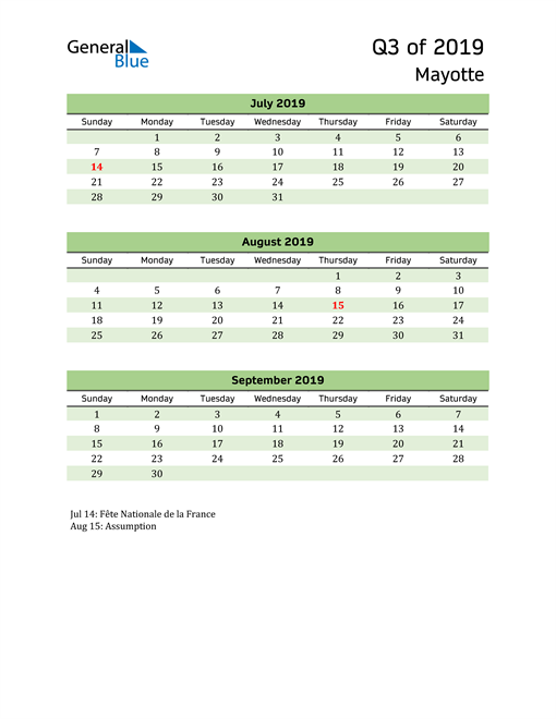  Quarterly Calendar 2019 with Mayotte Holidays 