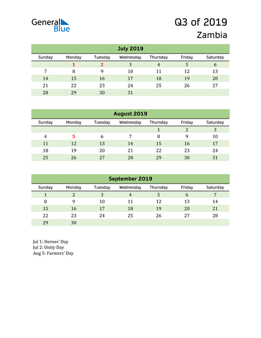  Quarterly Calendar 2019 with Zambia Holidays 