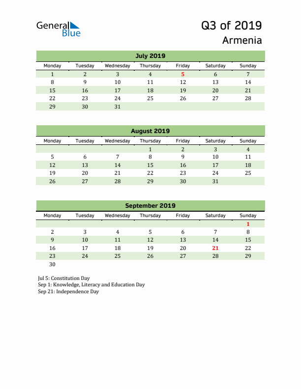 Quarterly Calendar 2019 with Armenia Holidays