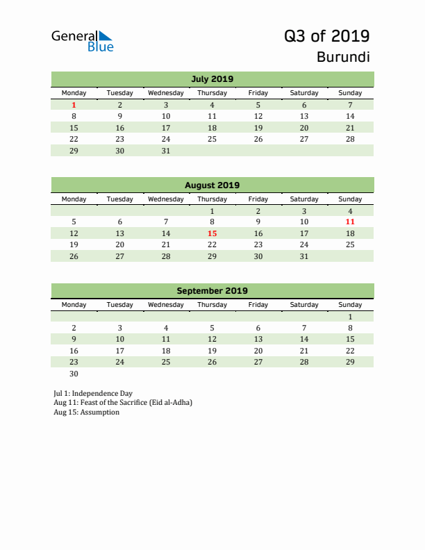 Quarterly Calendar 2019 with Burundi Holidays