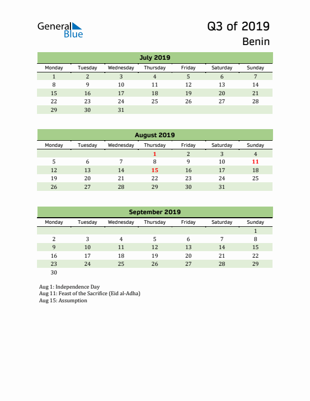 Quarterly Calendar 2019 with Benin Holidays