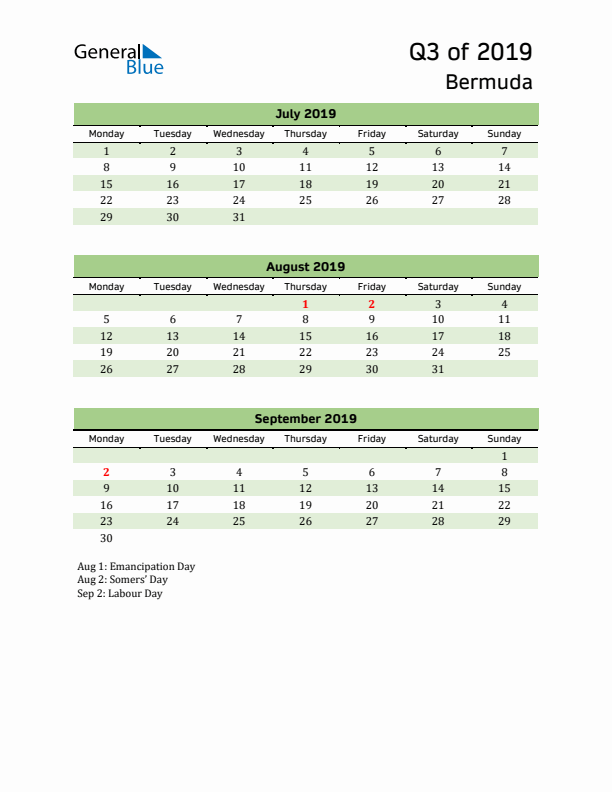Quarterly Calendar 2019 with Bermuda Holidays