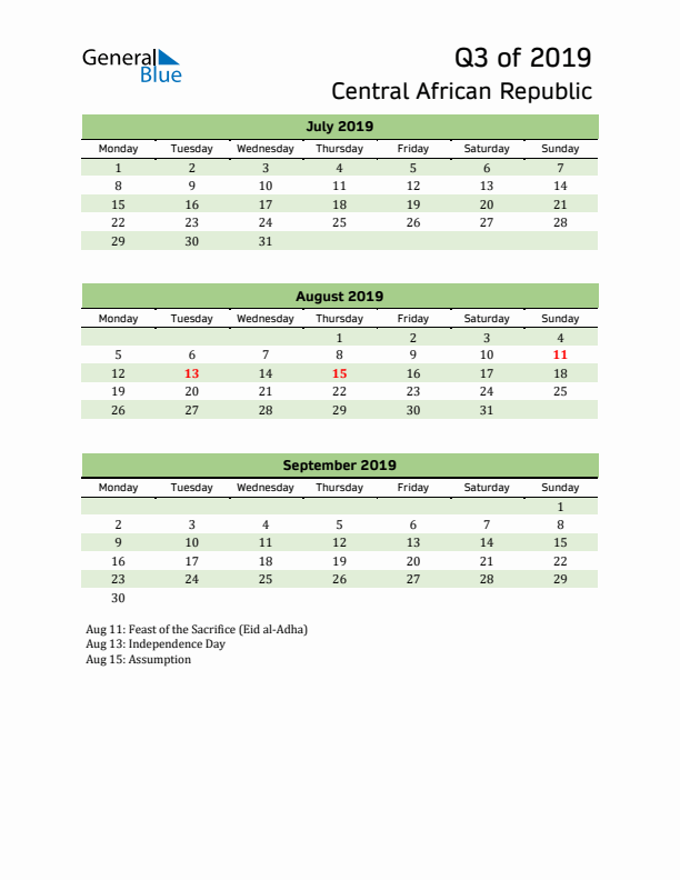 Quarterly Calendar 2019 with Central African Republic Holidays