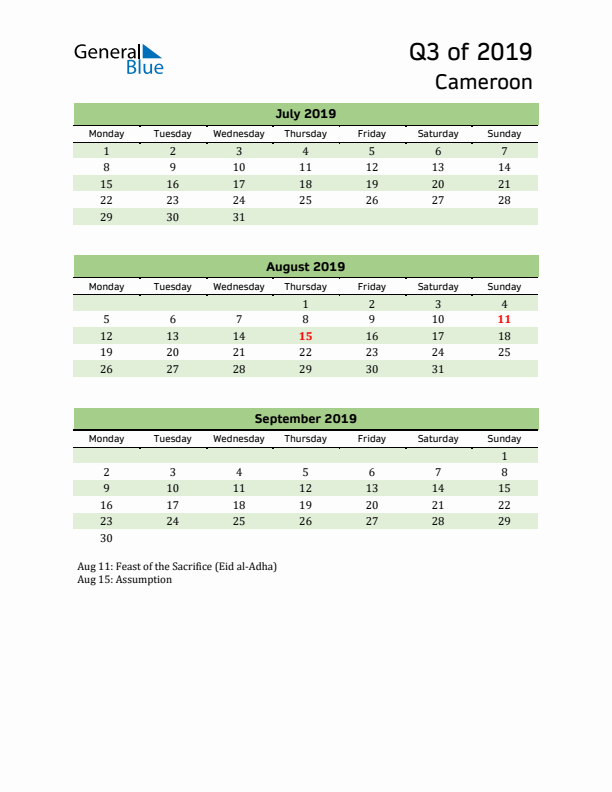 Quarterly Calendar 2019 with Cameroon Holidays