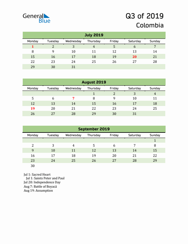 Quarterly Calendar 2019 with Colombia Holidays