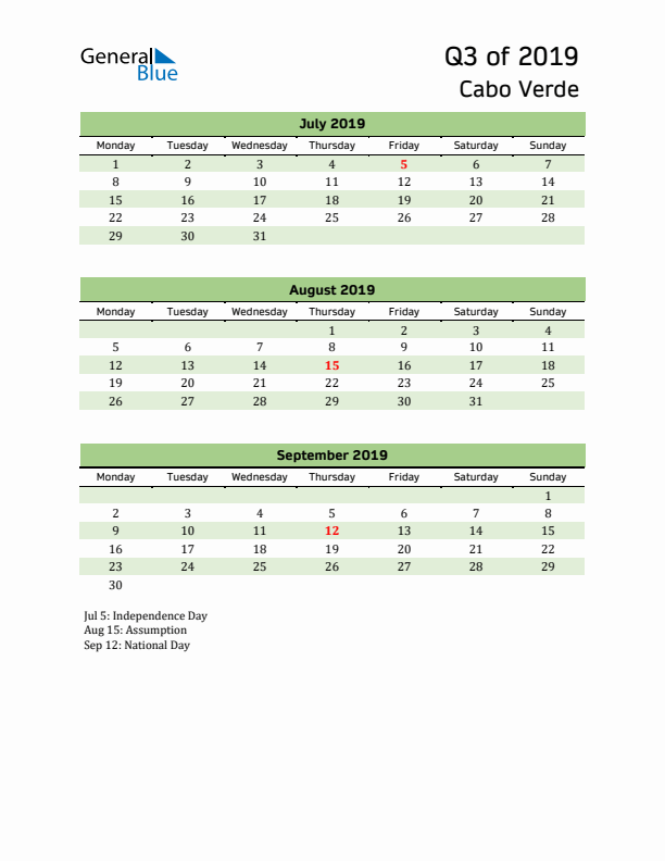 Quarterly Calendar 2019 with Cabo Verde Holidays