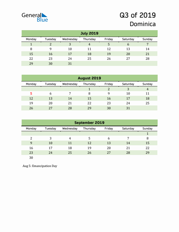 Quarterly Calendar 2019 with Dominica Holidays