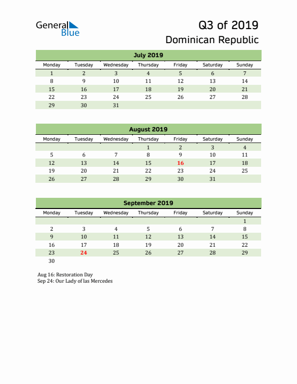 Quarterly Calendar 2019 with Dominican Republic Holidays