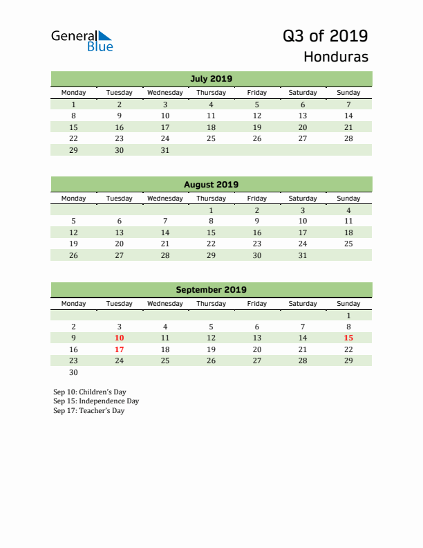 Quarterly Calendar 2019 with Honduras Holidays
