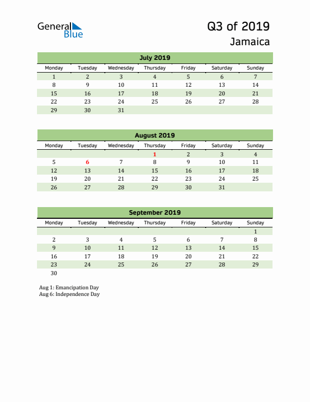 Quarterly Calendar 2019 with Jamaica Holidays