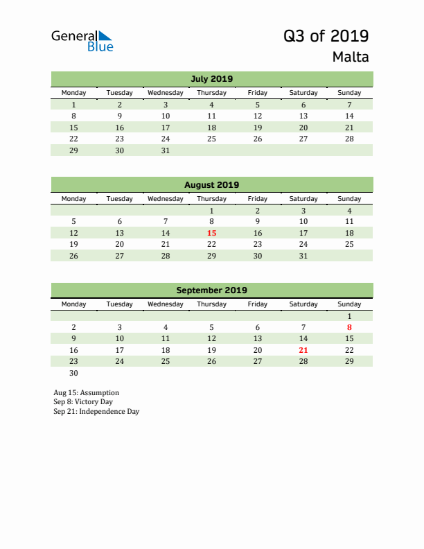 Quarterly Calendar 2019 with Malta Holidays