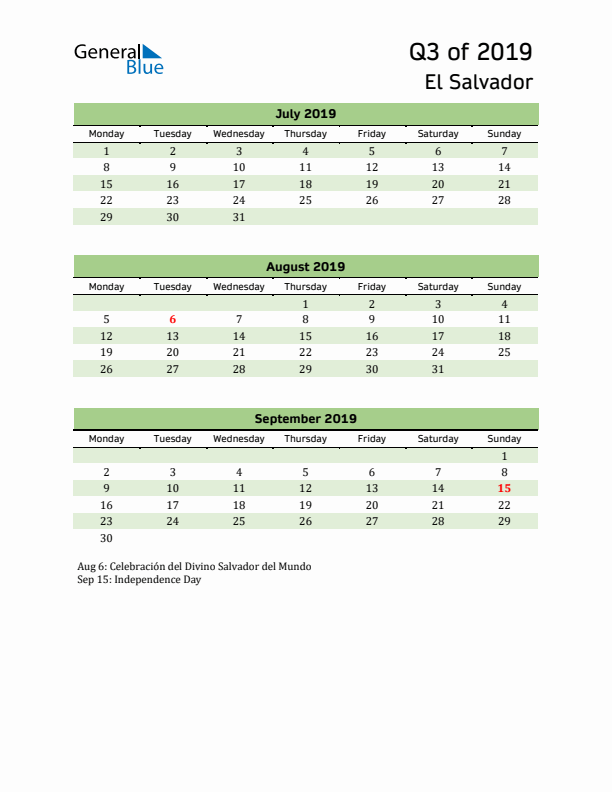 Quarterly Calendar 2019 with El Salvador Holidays