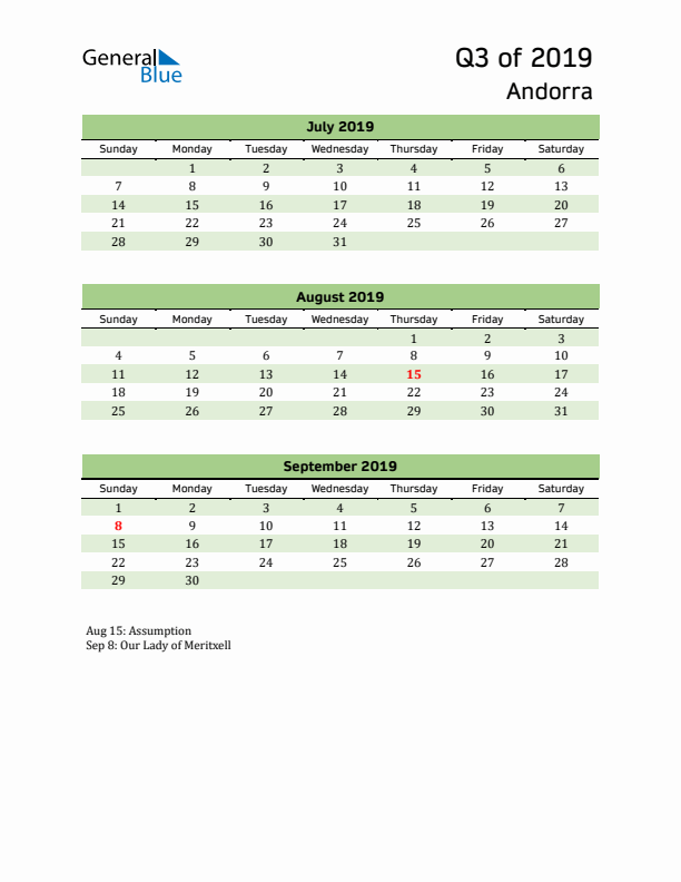 Quarterly Calendar 2019 with Andorra Holidays