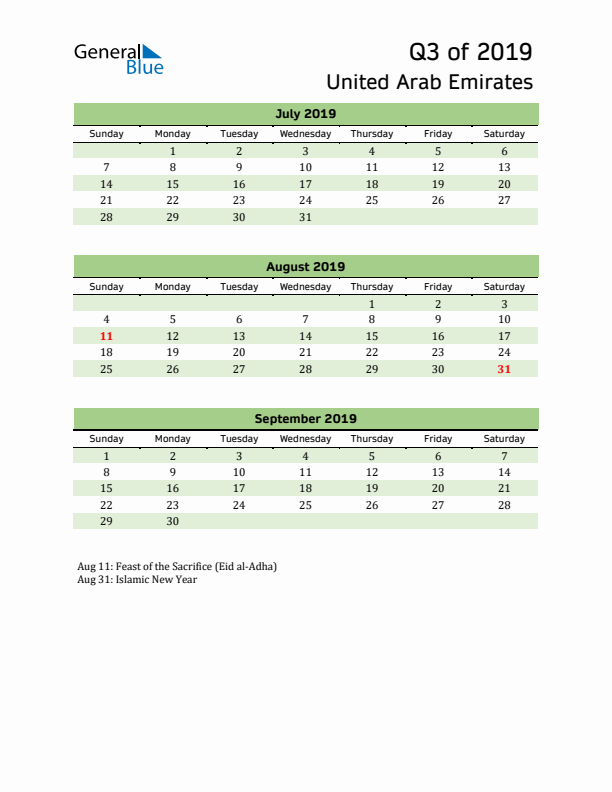 Quarterly Calendar 2019 with United Arab Emirates Holidays