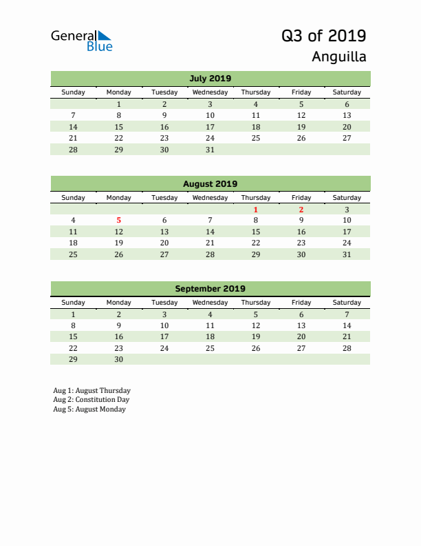 Quarterly Calendar 2019 with Anguilla Holidays