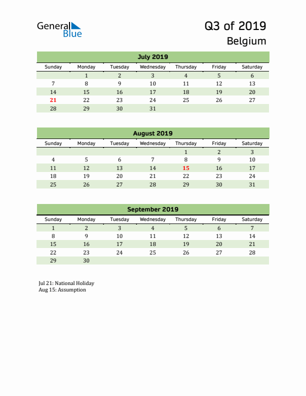 Quarterly Calendar 2019 with Belgium Holidays