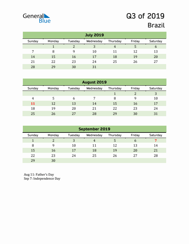 Quarterly Calendar 2019 with Brazil Holidays