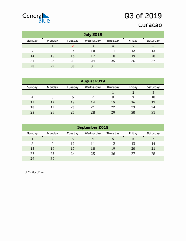 Quarterly Calendar 2019 with Curacao Holidays